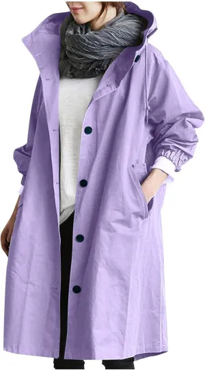 Women Long Rain Jacket Waterproof Lightweight Loose Hooded Trench Jackets Waterproof Lapel Slim Fall Raincoat