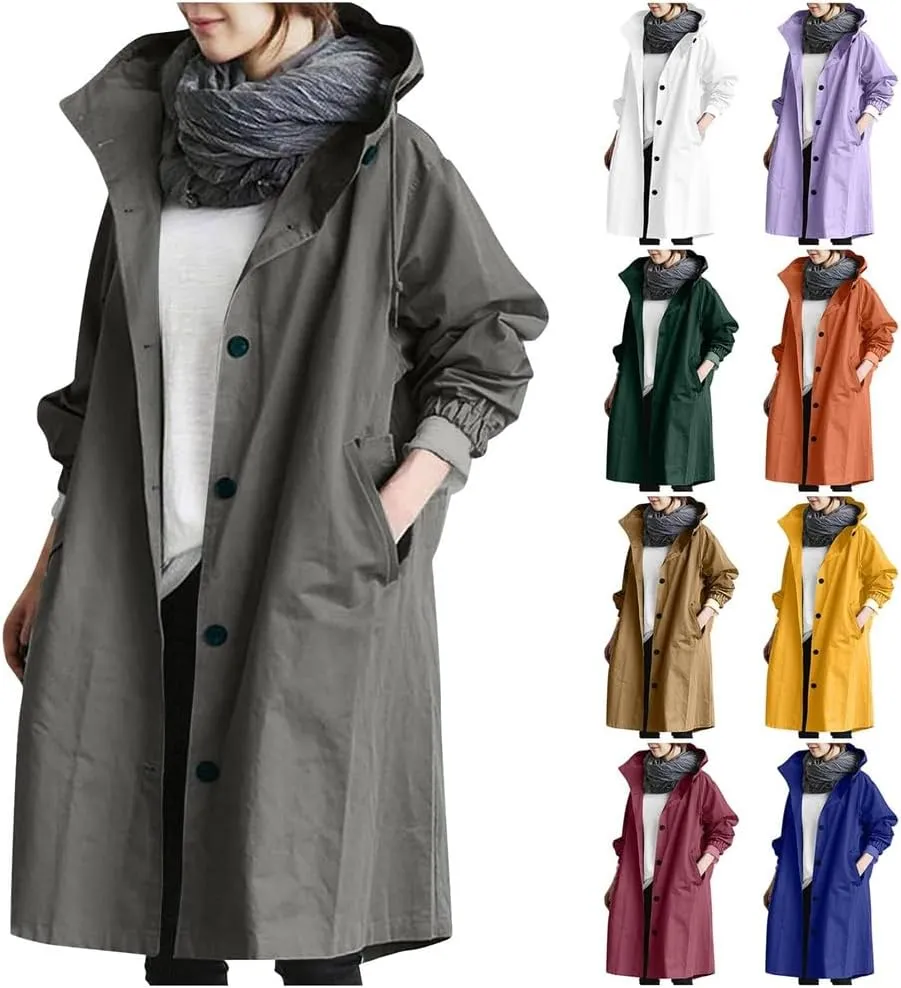 Women Long Rain Jacket Waterproof Lightweight Loose Hooded Trench Jackets Waterproof Lapel Slim Fall Raincoat