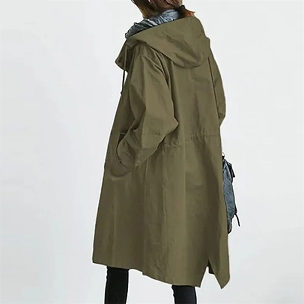 Women Long Rain Jacket Waterproof Lightweight Loose Hooded Trench Jackets Waterproof Lapel Slim Fall Raincoat