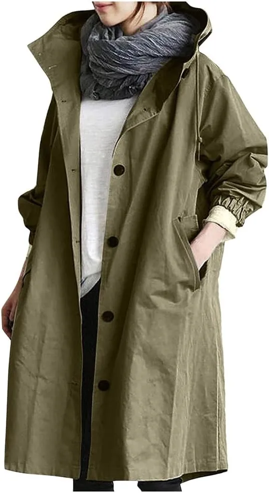 Women Long Rain Jacket Waterproof Lightweight Loose Hooded Trench Jackets Waterproof Lapel Slim Fall Raincoat