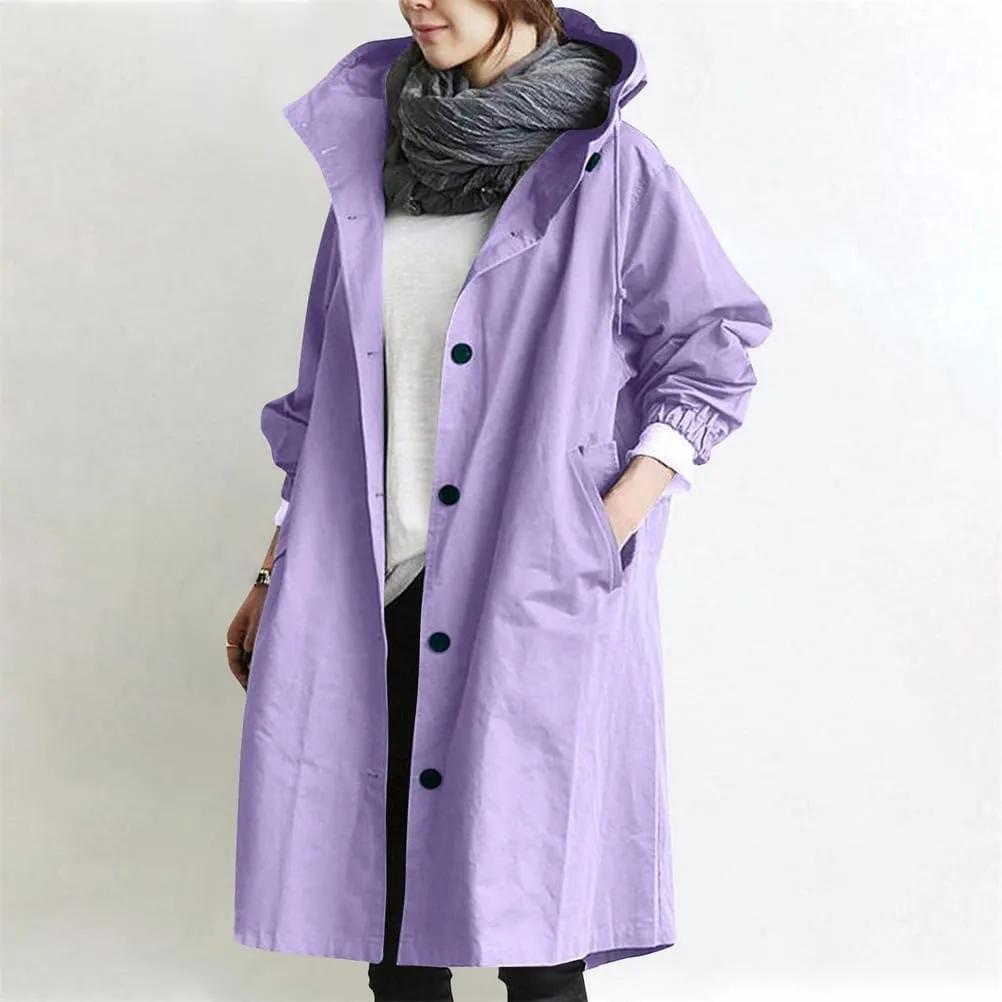 Women Long Rain Jacket Waterproof Lightweight Loose Hooded Trench Jackets Waterproof Lapel Slim Fall Raincoat