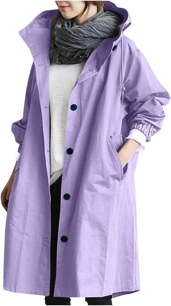 Women Long Rain Jacket Waterproof Lightweight Loose Hooded Trench Jackets Waterproof Lapel Slim Fall Raincoat