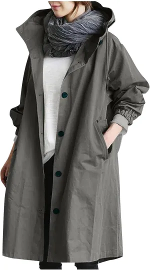 Women Long Rain Jacket Waterproof Lightweight Loose Hooded Trench Jackets Waterproof Lapel Slim Fall Raincoat