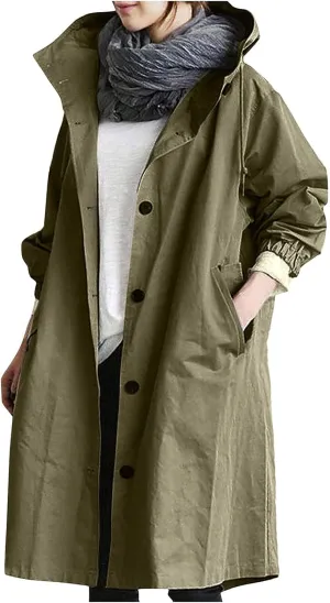 Women Long Rain Jacket Waterproof Lightweight Loose Hooded Trench Jackets Waterproof Lapel Slim Fall Raincoat