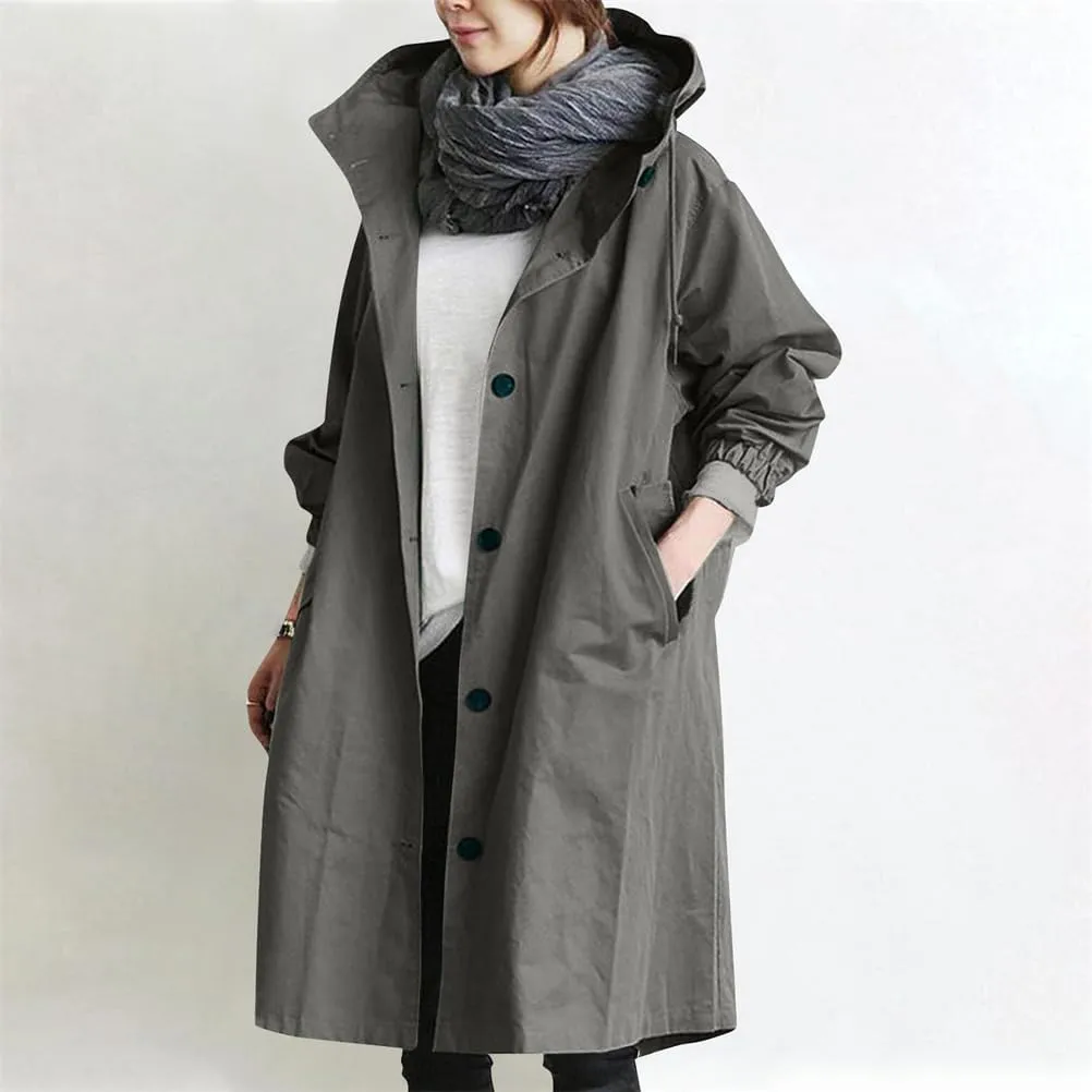 Women Long Rain Jacket Waterproof Lightweight Loose Hooded Trench Jackets Waterproof Lapel Slim Fall Raincoat