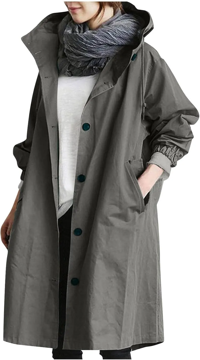 Women Long Rain Jacket Waterproof Lightweight Loose Hooded Trench Jackets Waterproof Lapel Slim Fall Raincoat