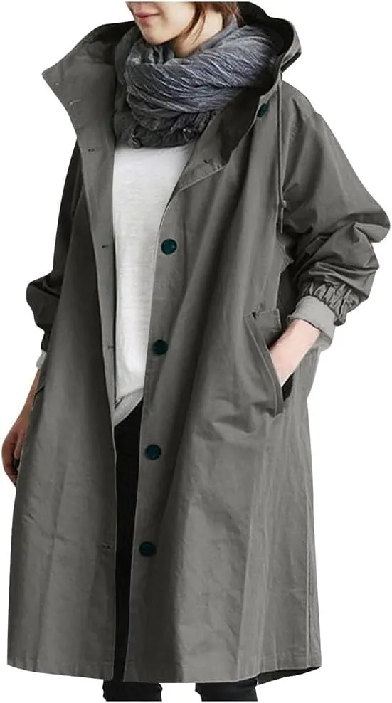 Women Long Rain Jacket Waterproof Lightweight Loose Hooded Trench Jackets Waterproof Lapel Slim Fall Raincoat