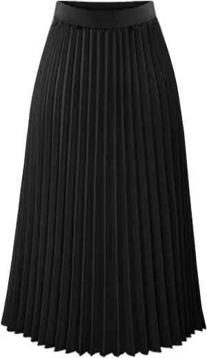 Women Pleated Chiffon Flare Skirt Trendy Midi Swing A-line Skirt Dressy Plain High Elastic Waist Elegant Long Skirts
