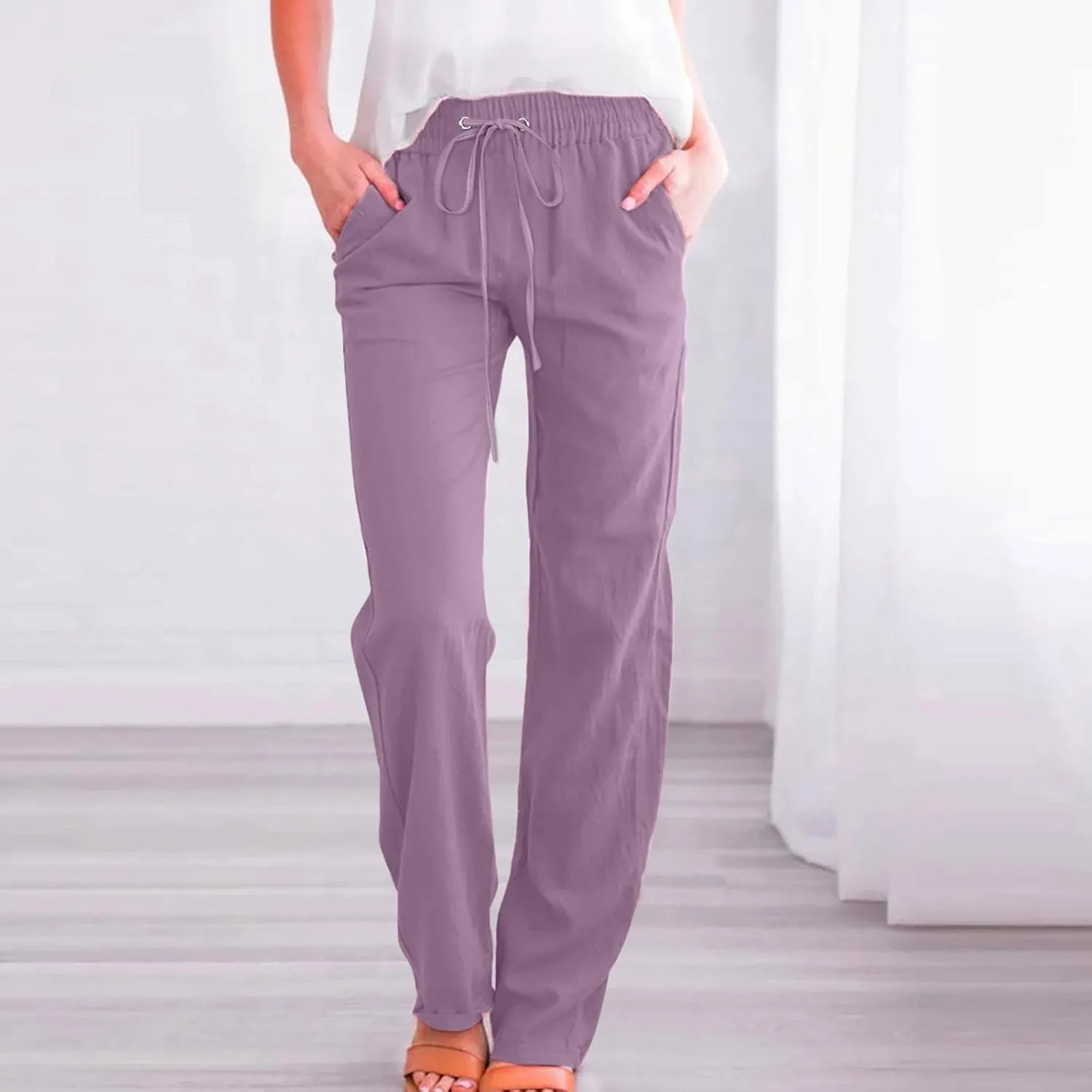 Women Sweatpants Straight Leg Cotton Linen Long Pants Summer Drawstring Lounge Trousers Trendy Casual 2024 Trouser