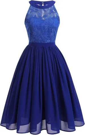 Women Vintage Halter Neck Floral Lace Hi-Lo Backless Bridesmaid Dress A-Line Short Prom Retro Cocktail Formal Swing Dress