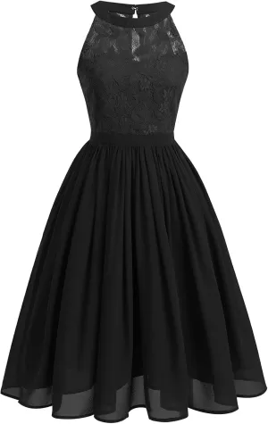 Women Vintage Halter Neck Floral Lace Hi-Lo Backless Bridesmaid Dress A-Line Short Prom Retro Cocktail Formal Swing Dress
