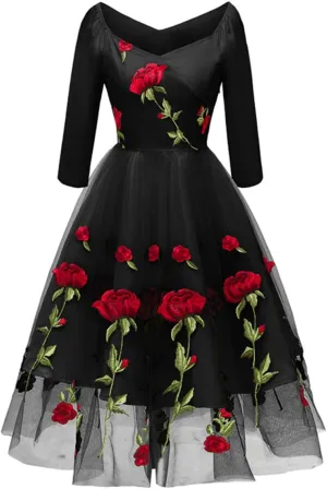 Women Vintage Off Shoulder Rose Embroidered Floral Evening Dress V Neck Short 3/4 Sleeves Wedding Cocktail A Line Midi Gown