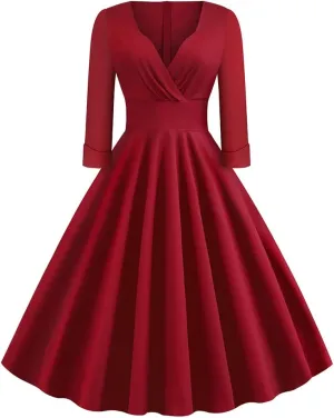 Women Vintage Off Shoulder Rose Embroidered Floral Evening Dress V Neck Short 3/4 Sleeves Wedding Cocktail A Line Midi Gown