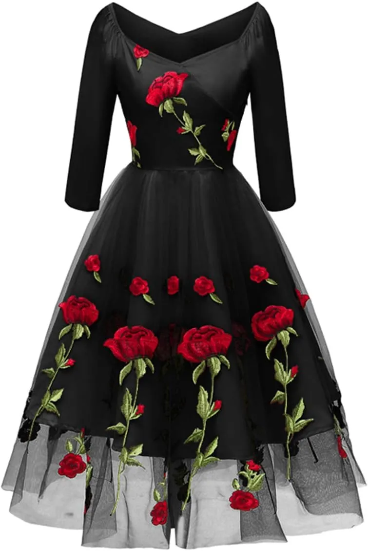 Women Vintage Off Shoulder Rose Embroidered Floral Evening Dress V Neck Short 3/4 Sleeves Wedding Cocktail A Line Midi Gown