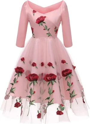 Women Vintage Off Shoulder Rose Embroidered Floral Evening Dress V Neck Short 3/4 Sleeves Wedding Cocktail A Line Midi Gown