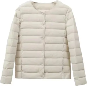 Women Winter Ultralight Puffer Jackets Collarless Reversible Duck Down Coat Portable Feather Overcoat