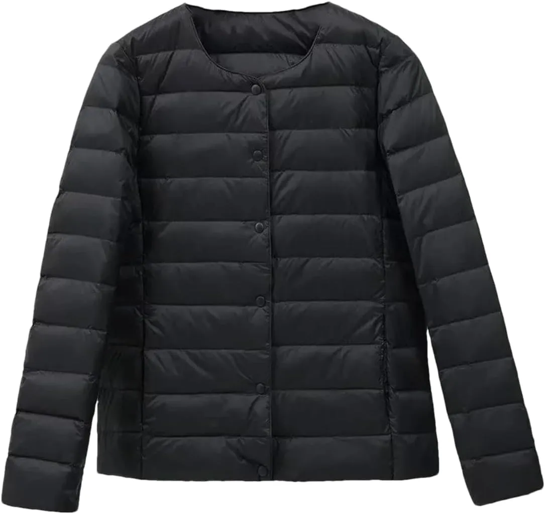 Women Winter Ultralight Puffer Jackets Collarless Reversible Duck Down Coat Portable Feather Overcoat