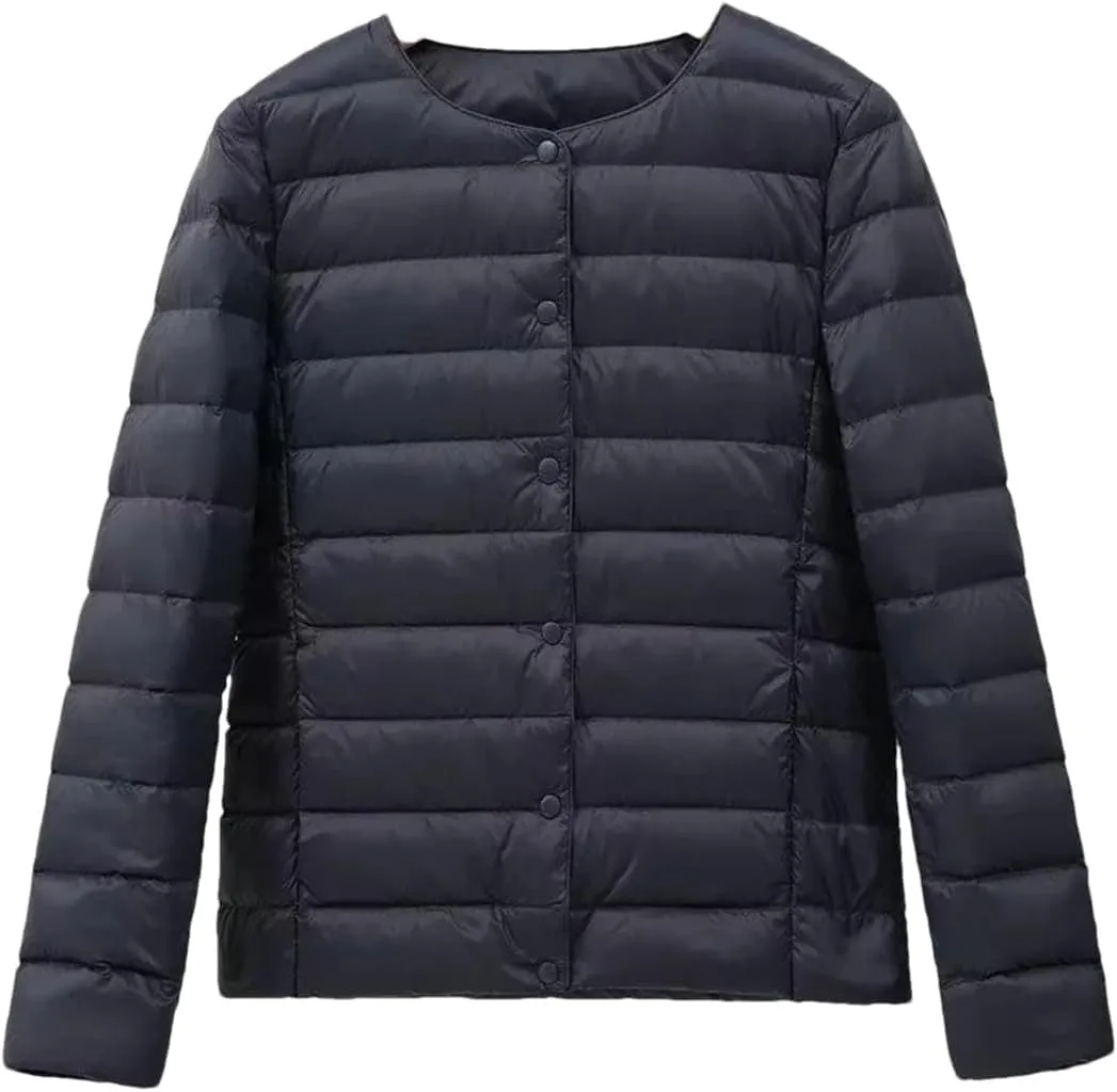Women Winter Ultralight Puffer Jackets Collarless Reversible Duck Down Coat Portable Feather Overcoat