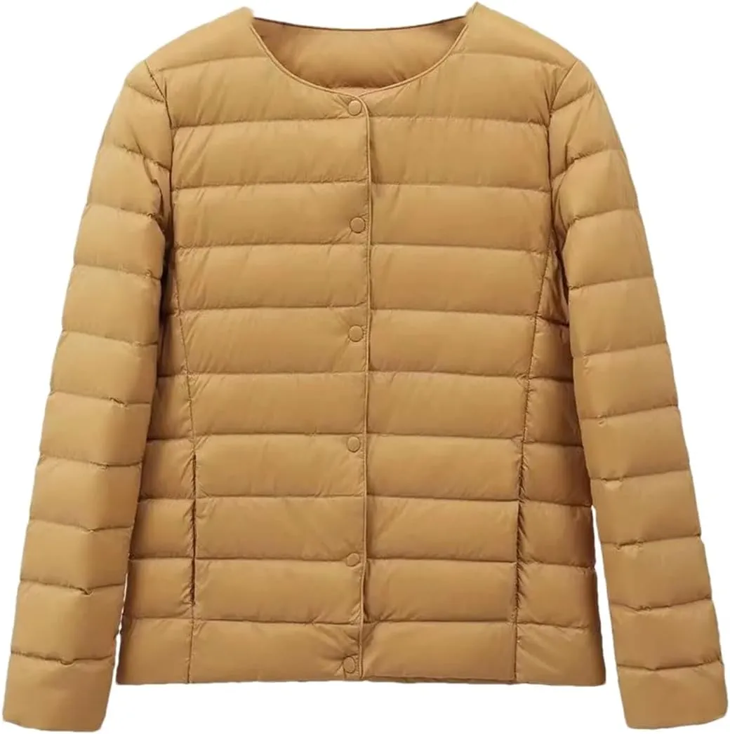 Women Winter Ultralight Puffer Jackets Collarless Reversible Duck Down Coat Portable Feather Overcoat