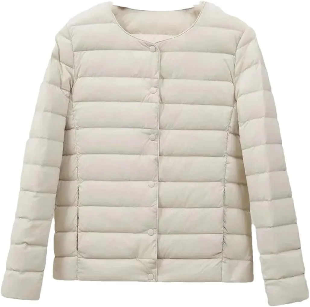 Women Winter Ultralight Puffer Jackets Collarless Reversible Duck Down Coat Portable Feather Overcoat