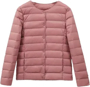 Women Winter Ultralight Puffer Jackets Collarless Reversible Duck Down Coat Portable Feather Overcoat