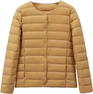 Women Winter Ultralight Puffer Jackets Collarless Reversible Duck Down Coat Portable Feather Overcoat