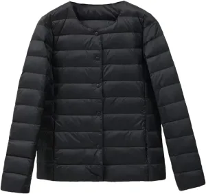 Women Winter Ultralight Puffer Jackets Collarless Reversible Duck Down Coat Portable Feather Overcoat