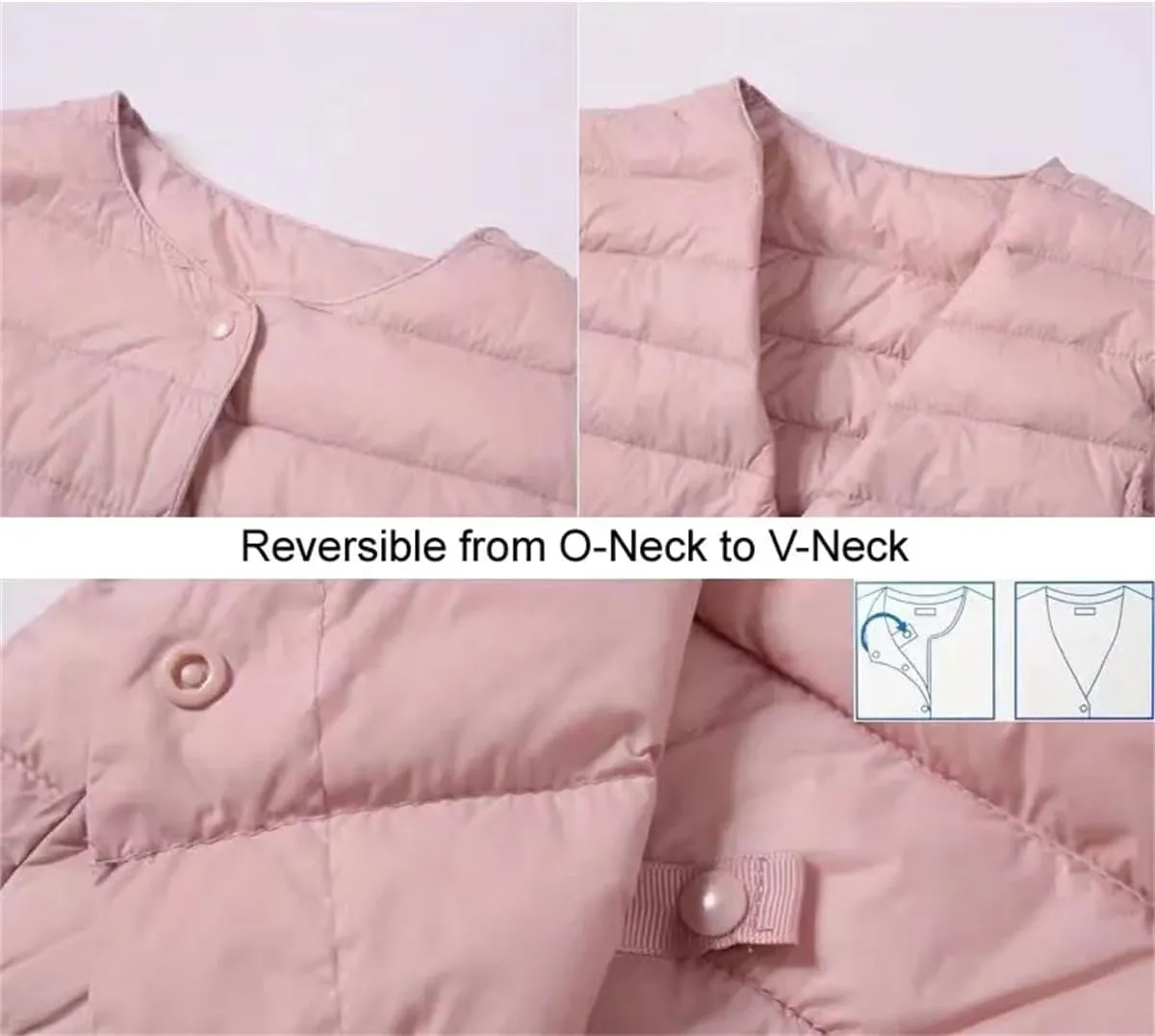 Women Winter Ultralight Puffer Jackets Collarless Reversible Duck Down Coat Portable Feather Overcoat