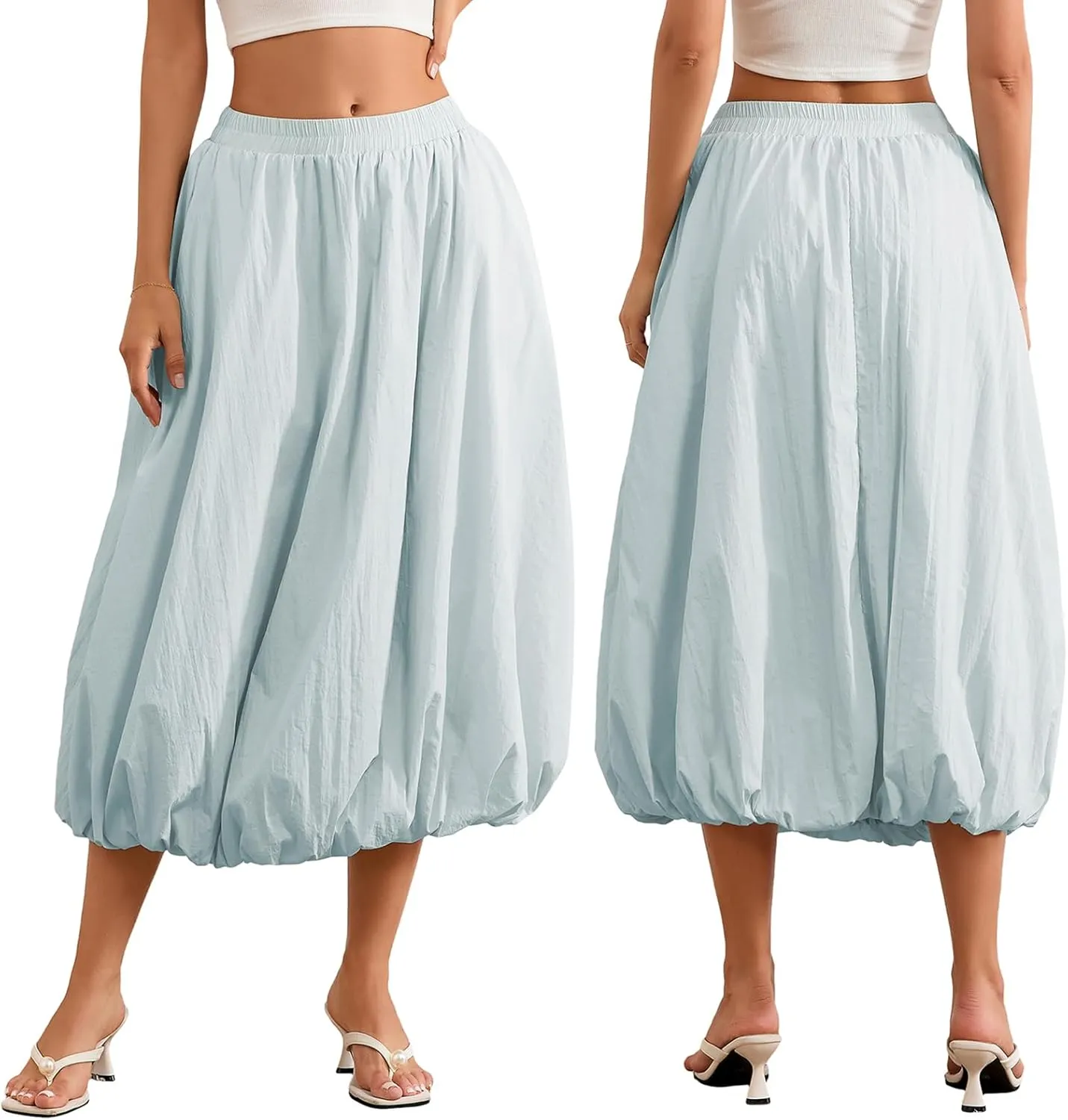 Women Y2K Bubble Maxi Skirt Elastic High Waist Pleated Flowy A Line Long Puff Skirts Ruffle Hem Balloon Skirts