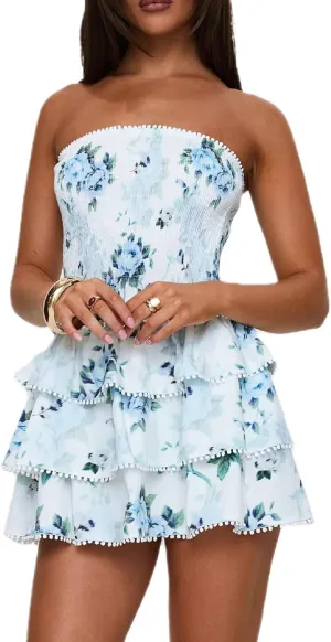 Women Y2k Strapless Mini Tube Dress Floral Ruffle Short Bandeau Dress Off Shoulder Bodycon Going Out Dresses