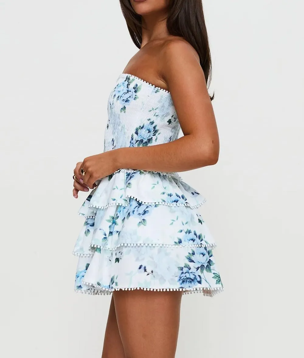Women Y2k Strapless Mini Tube Dress Floral Ruffle Short Bandeau Dress Off Shoulder Bodycon Going Out Dresses