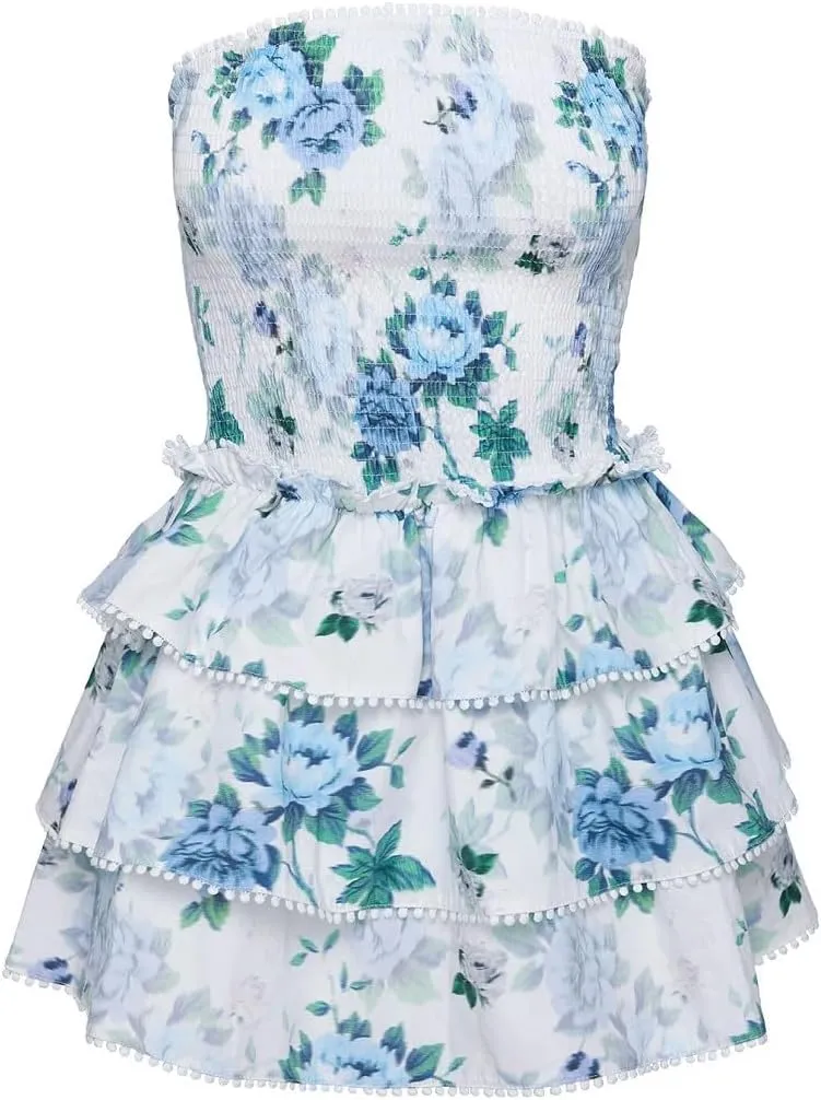 Women Y2k Strapless Mini Tube Dress Floral Ruffle Short Bandeau Dress Off Shoulder Bodycon Going Out Dresses