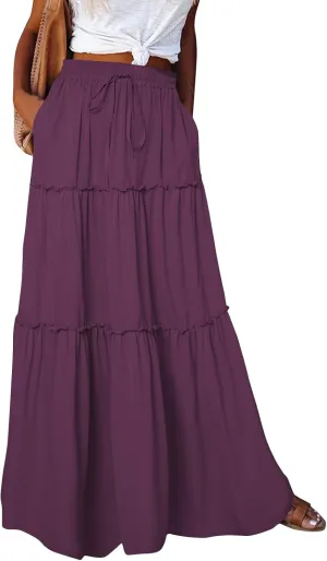 Womens 2025 Summer Long Maxi Skirt Loose Trendy Pleated Tie Knot Elastic High Waisted Flowy Casual A Line Skirts