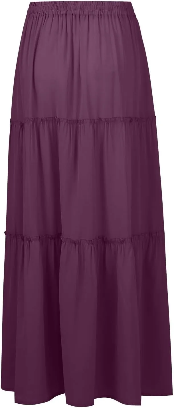 Womens 2025 Summer Long Maxi Skirt Loose Trendy Pleated Tie Knot Elastic High Waisted Flowy Casual A Line Skirts