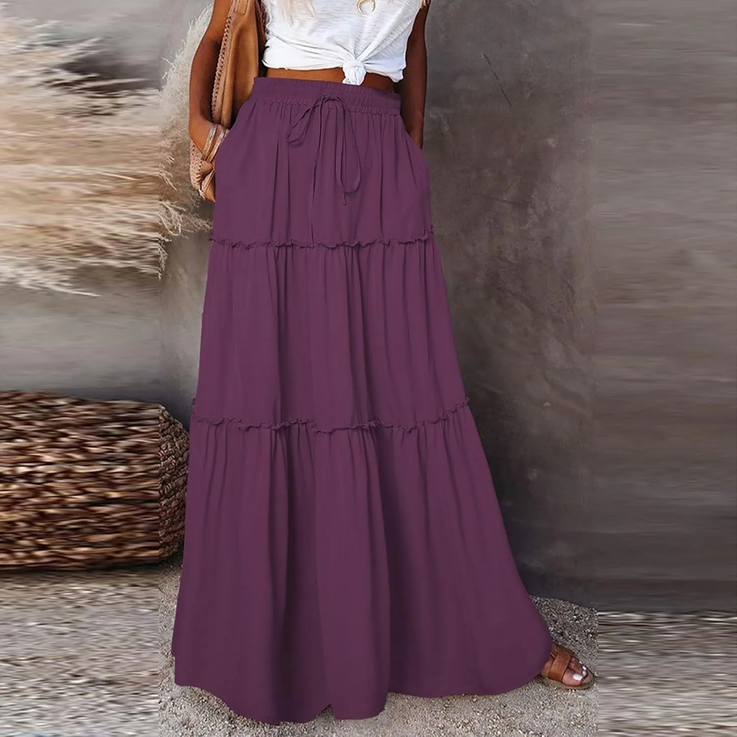 Womens 2025 Summer Long Maxi Skirt Loose Trendy Pleated Tie Knot Elastic High Waisted Flowy Casual A Line Skirts