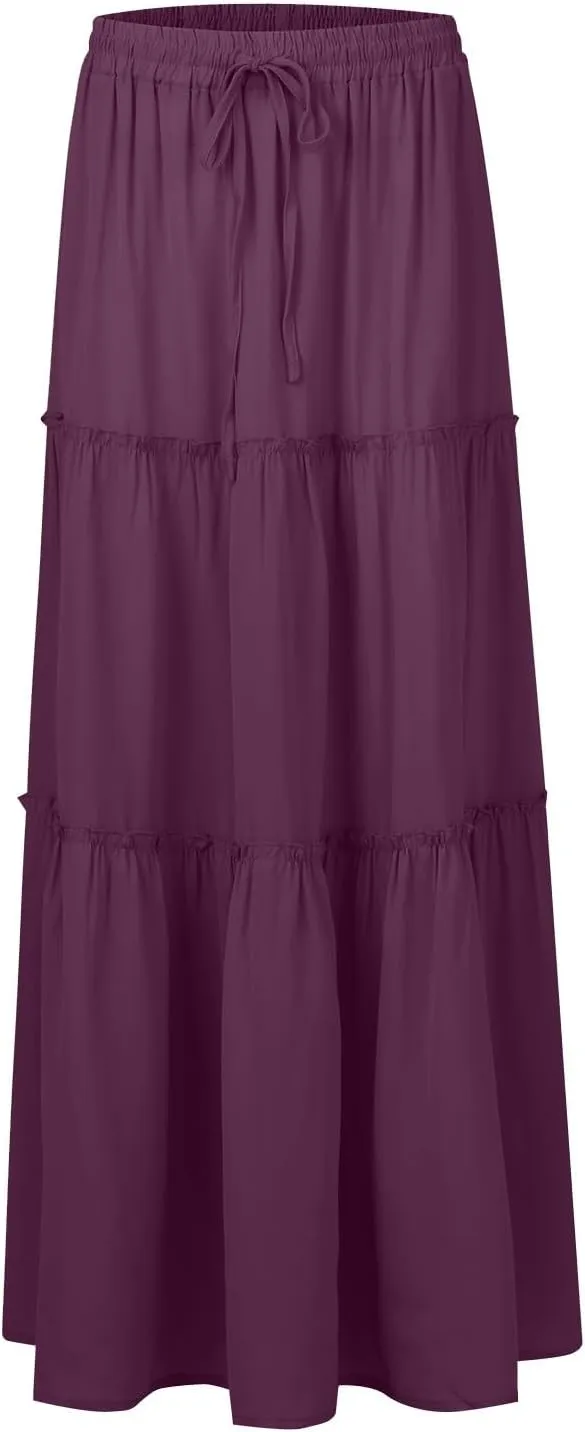 Womens 2025 Summer Long Maxi Skirt Loose Trendy Pleated Tie Knot Elastic High Waisted Flowy Casual A Line Skirts