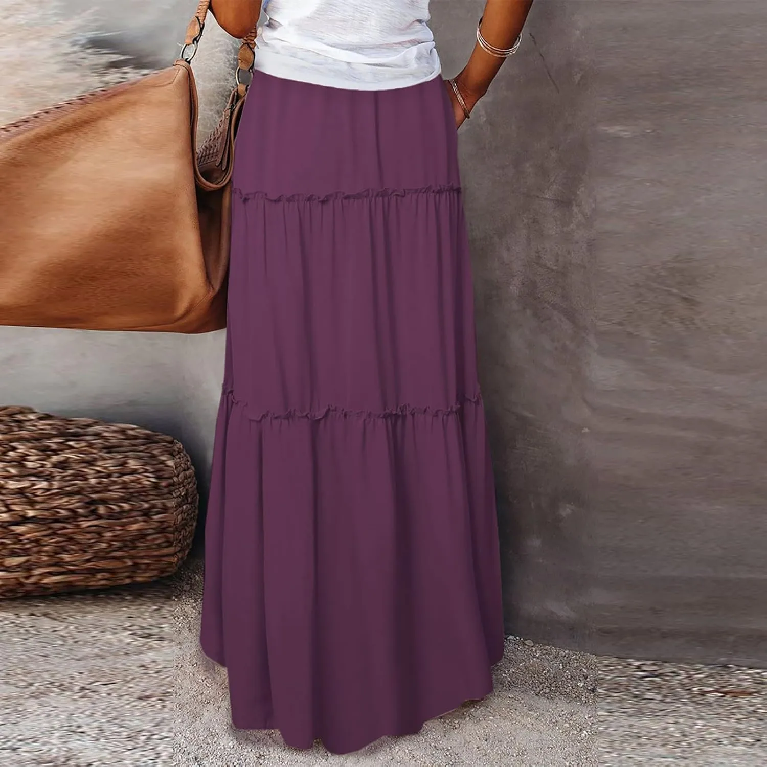 Womens 2025 Summer Long Maxi Skirt Loose Trendy Pleated Tie Knot Elastic High Waisted Flowy Casual A Line Skirts