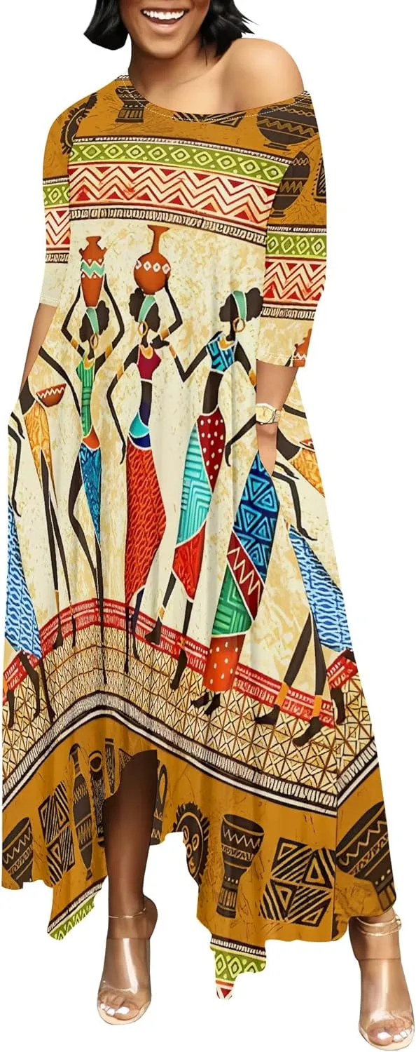 Women's 3/4 Sleeve Collarless Dress Women's Loose Plus Size Maxi Dress Sexy Off Shoulder Casual Home Nightdress