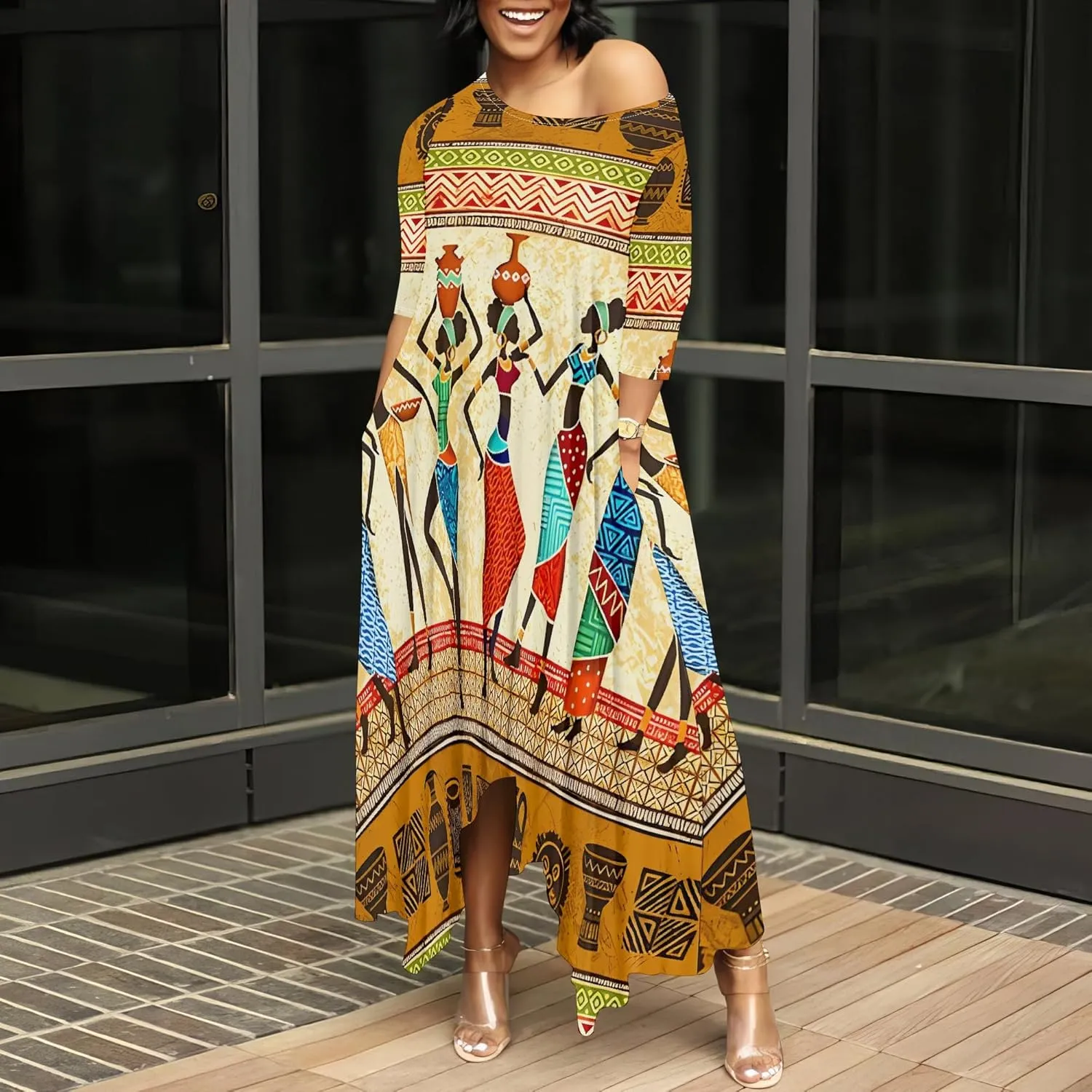Women's 3/4 Sleeve Collarless Dress Women's Loose Plus Size Maxi Dress Sexy Off Shoulder Casual Home Nightdress