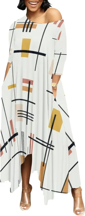 Women's 3/4 Sleeve Collarless Dress Women's Loose Plus Size Maxi Dress Sexy Off Shoulder Casual Home Nightdress