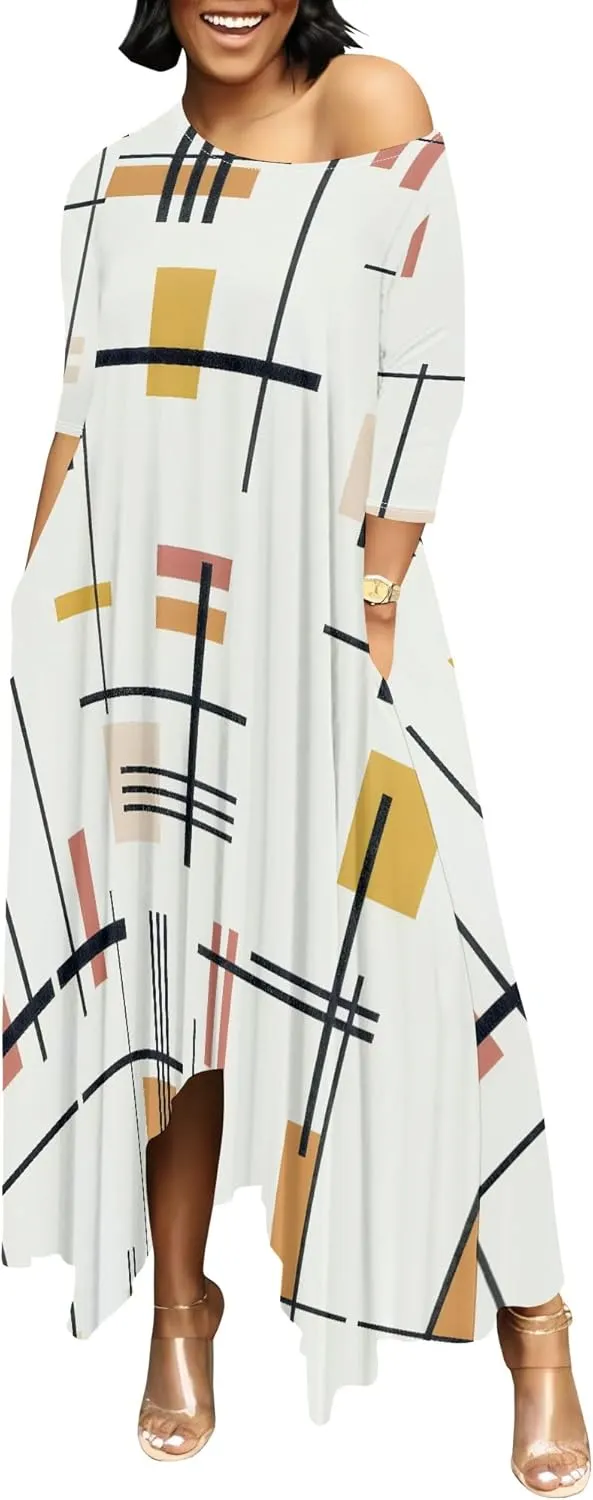 Women's 3/4 Sleeve Collarless Dress Women's Loose Plus Size Maxi Dress Sexy Off Shoulder Casual Home Nightdress