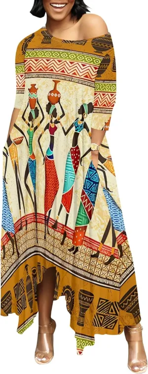 Women's 3/4 Sleeve Collarless Dress Women's Loose Plus Size Maxi Dress Sexy Off Shoulder Casual Home Nightdress