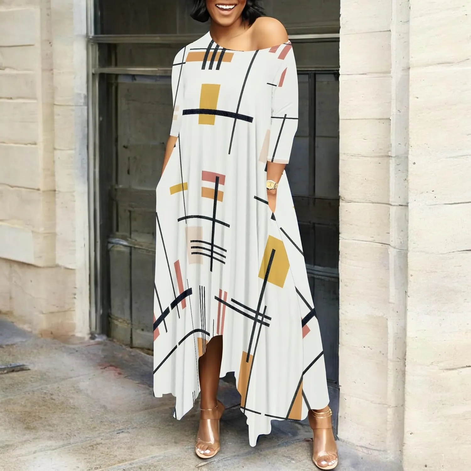 Women's 3/4 Sleeve Collarless Dress Women's Loose Plus Size Maxi Dress Sexy Off Shoulder Casual Home Nightdress