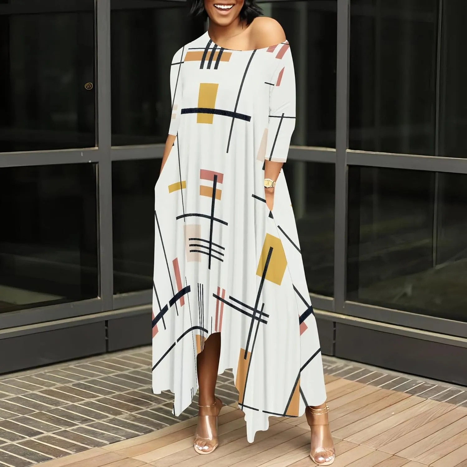 Women's 3/4 Sleeve Collarless Dress Women's Loose Plus Size Maxi Dress Sexy Off Shoulder Casual Home Nightdress