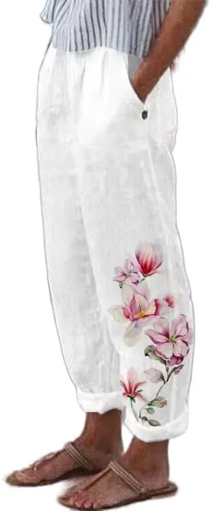 Women's Boho Floral Cotton Linen Casual Pants Summer High Waisted Baggy Beach Trousers with Pockets Plus Size