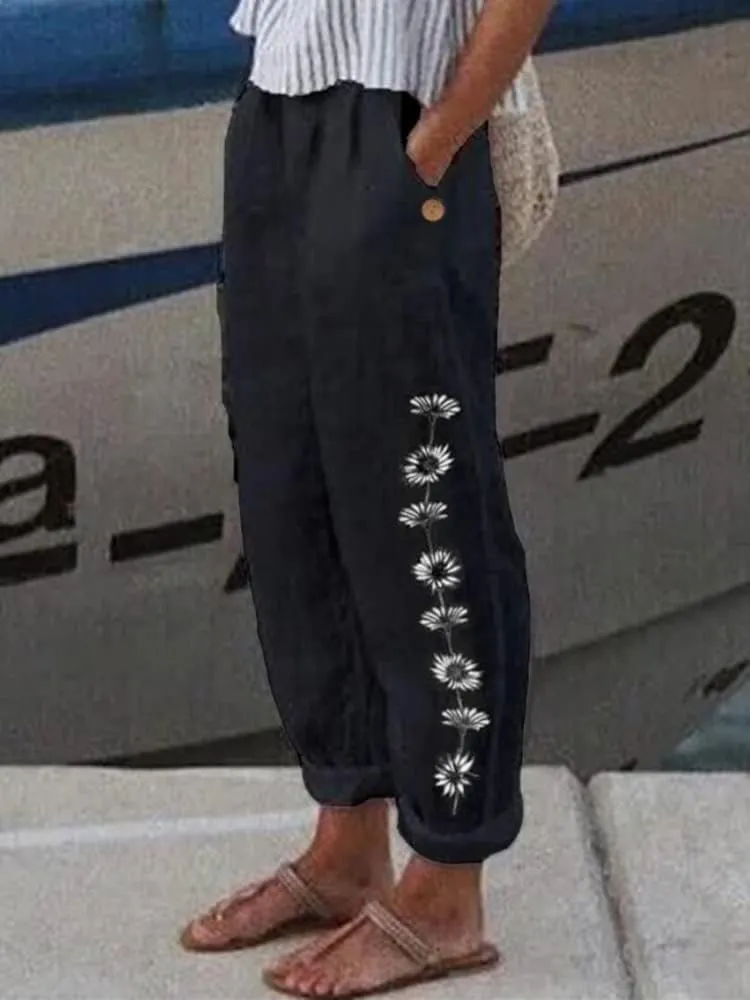 Women's Boho Floral Cotton Linen Casual Pants Summer High Waisted Baggy Beach Trousers with Pockets Plus Size