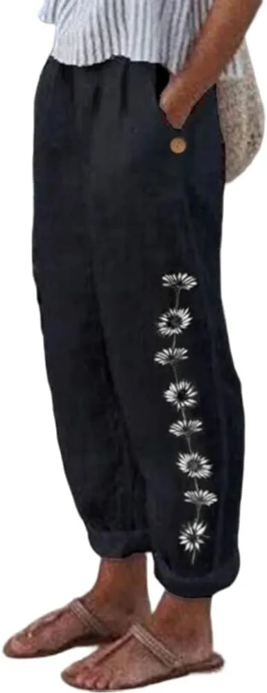 Women's Boho Floral Cotton Linen Casual Pants Summer High Waisted Baggy Beach Trousers with Pockets Plus Size