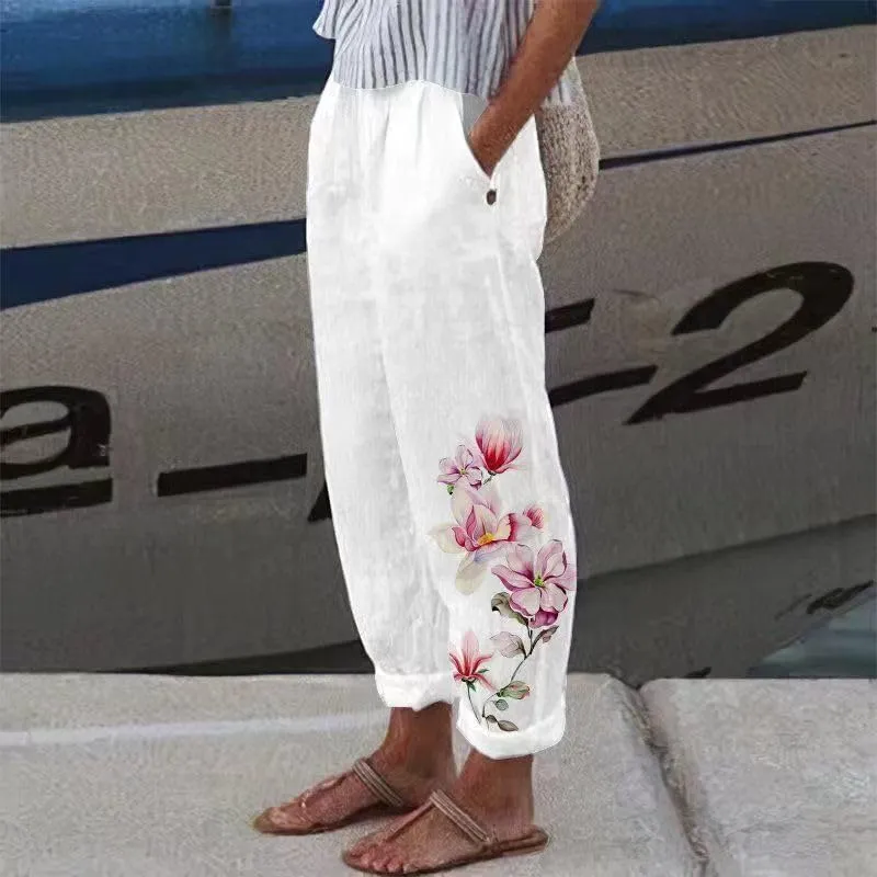 Women's Boho Floral Cotton Linen Casual Pants Summer High Waisted Baggy Beach Trousers with Pockets Plus Size