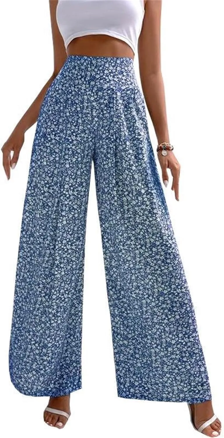 Womens Boho Floral Pants High Waist Palazzo Trousers Lightweight Comfy Loose Fit Wide Leg Lounge Long Pants