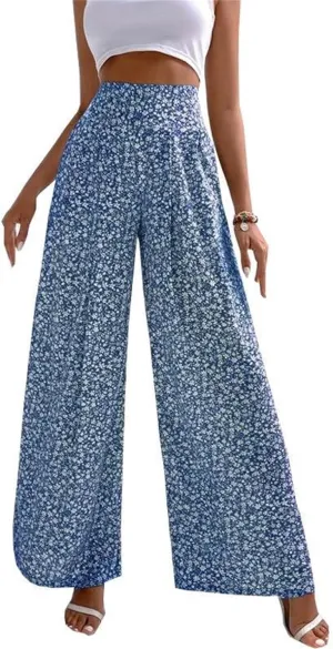 Womens Boho Floral Pants High Waist Palazzo Trousers Lightweight Comfy Loose Fit Wide Leg Lounge Long Pants